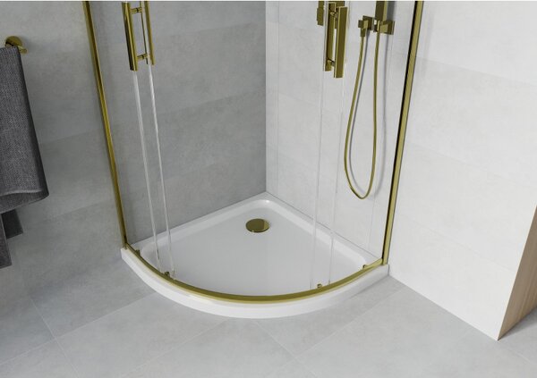 Mexen Rio, duș pătrat cu ușă glisantă 90(uşă) x 90(uşă) x 190 cm, sticlă transparentă 6 mm, profil auriu + cadă de duș SLIM albă, 863-090-090-50-00-4110G