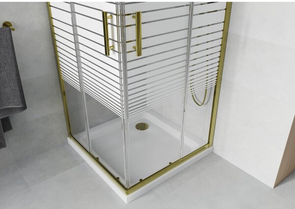 Mexen Rio, duș pătrat cu ușă glisantă 70(uşă) x 70(uşă) x 190 cm, sticlă transparentă 6mm cu benzi, profil auriu + cadă de duș SLIM albă, 860-070-070-50-20-4010G