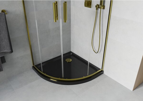 Mexen Rio, duș pătrat cu ușă glisantă 80 (uşă) x 80 (uşă) x 190 cm, sticlă transparentă de 6 mm, profil auriu + cadă de duș SLIM neagră, 863-080-080-50-00-4170G