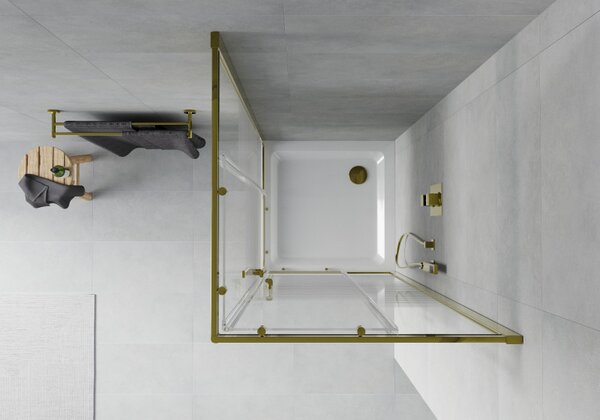 Mexen Rio, duș pătrat cu ușă glisantă 70(uşă) x 70(uşă) x 190 cm, sticlă transparentă 6mm cu benzi, profil auriu + cadă de duș SLIM albă, 860-070-070-50-20-4010G