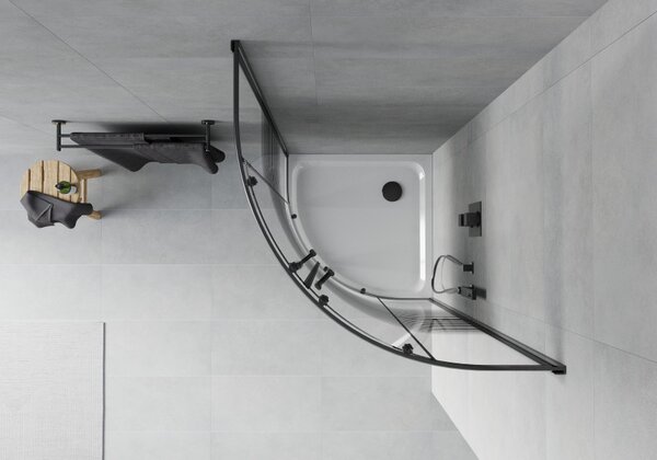 Mexen Rio, duș pătrat cu ușă glisantă 90(uşă) x 90(uşă) x 190 cm, sticlă transparentă de 6 mm cu benzi, profil negru + cadă de duș albă Slim, 863-090-090-70-20-4110B