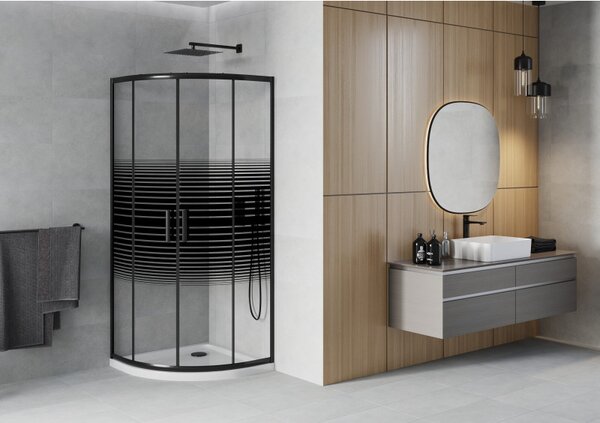 Mexen Rio, duș pătrat cu ușă glisantă 90(uşă) x 90(uşă) x 190 cm, sticlă transparentă de 6 mm cu benzi, profil negru + cadă de duș albă Slim, 863-090-090-70-20-4110B