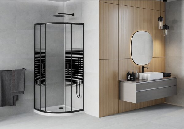 Mexen Rio, duș pătrat cu ușă glisantă 90(uşă) x 90(uşă) x 190 cm, sticlă transparentă de 6 mm cu benzi, profil negru + cadă de duș albă Slim, 863-090-090-70-20-4110B