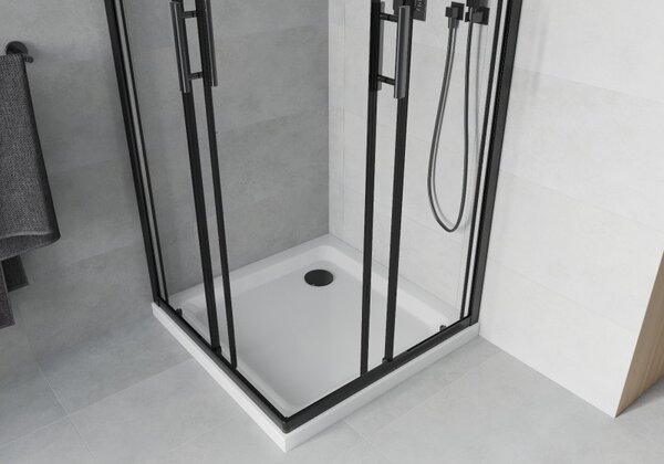 Mexen Rio, cabină de duș pătrată 90 x 90 cm, sticlă transparentă de 6 mm, profil negru + cădiță de duș albă, 860-090-090-70-00-4010B