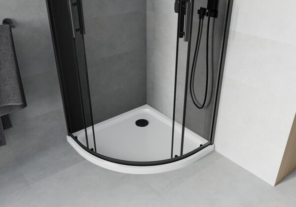 Mexen Rio, duș pătrat cu ușă glisantă 90 (uşă) x 90 (uşă) x 190 cm, sticlă gri 6 mm, profil negru + cadă de duș albă Slim, 863-090-090-70-40-4110B