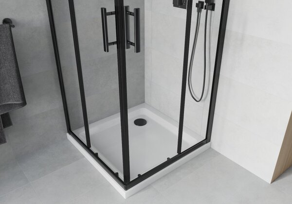 Mexen Rio, cabină de duș pătrată 90 x 90 cm, sticlă transparentă de 6 mm, profil negru + cădiță de duș albă, 860-090-090-70-00-4010B