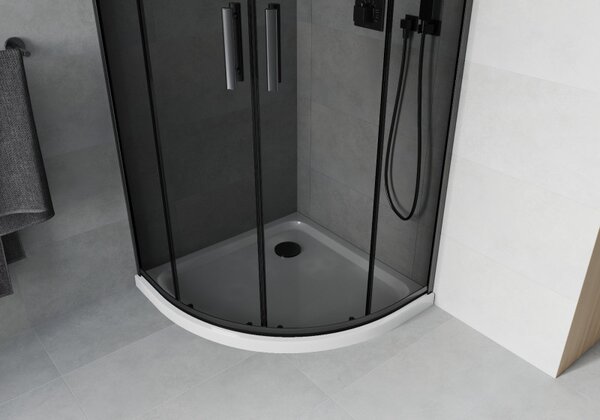 Mexen Rio, duș pătrat cu ușă glisantă 90 (uşă) x 90 (uşă) x 190 cm, sticlă gri 6 mm, profil negru + cadă de duș albă Slim, 863-090-090-70-40-4110B
