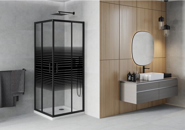 Mexen Rio, duș pătrat cu ușă glisantă 90(uşă) x 90(uşă) x 190 cm, sticlă transparentă de 6 mm cu benzi, profil negru + cadă de duș SLIM albă, 860-090…