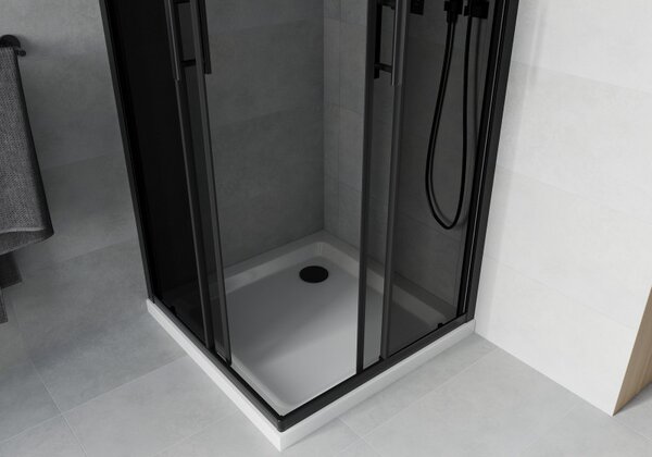 Mexen Rio, duș pătrat cu ușă glisantă 90(uşă) x 90(uşă) x 190 cm, sticlă gri 6mm, profil negru + cadă de duș SLIM albă, 860-090-090-70-40-4010B