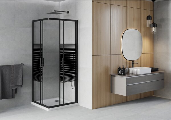 Mexen Rio, duș pătrat cu ușă glisantă 90(uşă) x 90(uşă) x 190 cm, sticlă transparentă de 6 mm cu benzi, profil negru + cadă de duș SLIM albă, 860-090…