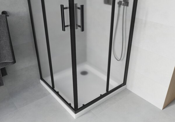 Mexen Rio, duș pătrat cu ușă glisantă 90(uşă) x 90(uşă) x 190 cm, sticlă mată 6mm, profil negru + cadă de duș SLIM albă, 860-090-090-70-30-4010B
