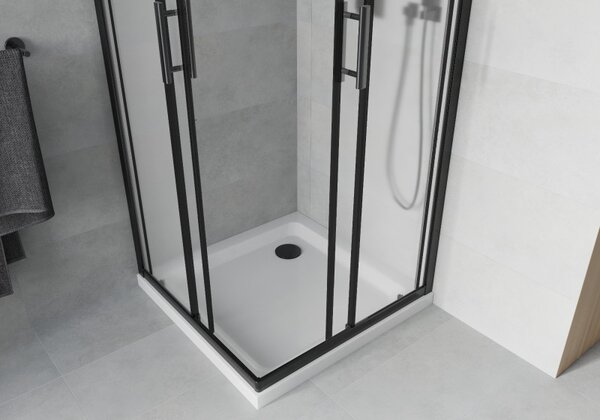 Mexen Rio, duș pătrat cu ușă glisantă 90(uşă) x 90(uşă) x 190 cm, sticlă mată 6mm, profil negru + cadă de duș SLIM albă, 860-090-090-70-30-4010B