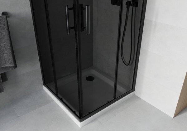 Mexen Rio, duș pătrat cu ușă glisantă 90(uşă) x 90(uşă) x 190 cm, sticlă gri 6mm, profil negru + cadă de duș SLIM albă, 860-090-090-70-40-4010B