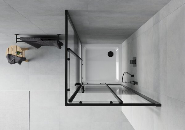 Mexen Rio, duș pătrat cu ușă glisantă 90(uşă) x 90(uşă) x 190 cm, sticlă transparentă de 6 mm cu benzi, profil negru + cadă de duș SLIM albă, 860-090…