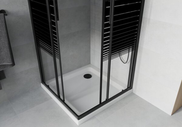 Mexen Rio, duș pătrat cu ușă glisantă 90(uşă) x 90(uşă) x 190 cm, sticlă transparentă de 6 mm cu benzi, profil negru + cadă de duș SLIM albă, 860-090…