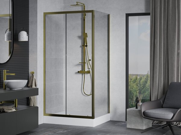 Mexen Apia, cabină de duș cu ușă glisantă 100 (uşă) x 80 (perete) cm, sticlă transparentă 6 mm, profil auriu + cadă de duș albă RIO, 840-100-080-50-00-4510