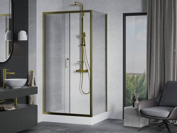 Mexen Apia, cabină de duș cu ușă glisantă 100 (uşă) x 80 (perete) cm, sticlă transparentă 6 mm, profil auriu + cadă de duș albă RIO, 840-100-080-50-00-4510