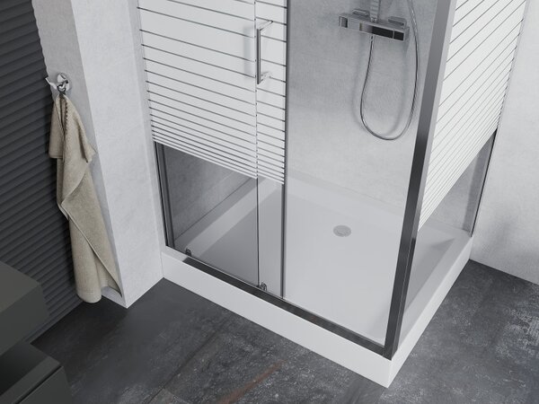 Mexen Apia, cabină de duș cu ușă glisantă 120 (uşă) x 90 (perete) cm, sticlă transparentă 6 mm cu benzi, profil cromat + cadă de duș RIO albă cu sifo…