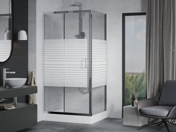 Mexen Apia, cabină de duș cu ușă glisantă 120 (uşă) x 90 (perete) cm, sticlă transparentă 6 mm cu benzi, profil cromat + cadă de duș RIO albă cu sifo…