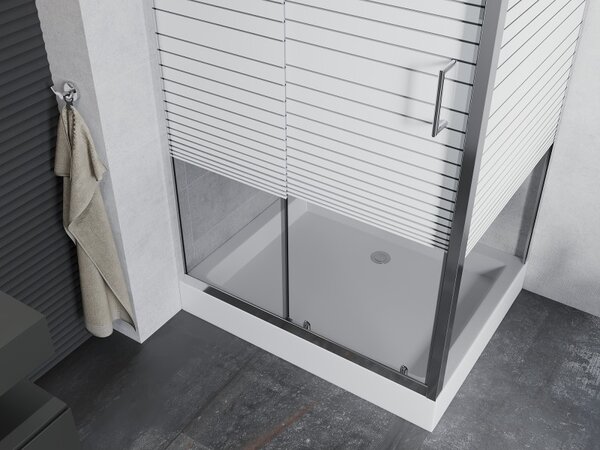 Mexen Apia, cabină de duș cu ușă glisantă 120 (uşă) x 90 (perete) cm, sticlă transparentă 6 mm cu benzi, profil cromat + cadă de duș RIO albă cu sifo…