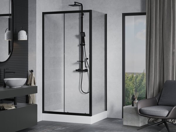 Mexen Apia, cabină de duș cu ușă glisantă 120 (uşă) x 80 (perete) cm, sticlă transparentă 6 mm, profil negru + cadă de duș RIO albă, 840-120-080-70-0…