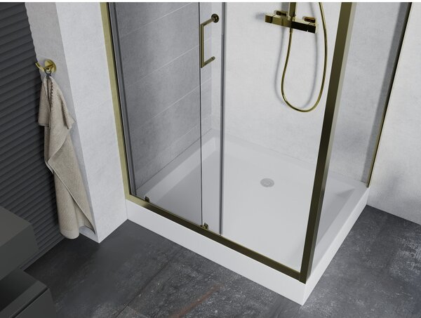 Mexen Apia, cabină de duș cu ușă glisantă 100 (uşă) x 80 (perete) cm, sticlă transparentă 6 mm, profil auriu + cadă de duș albă RIO, 840-100-080-50-00-4510