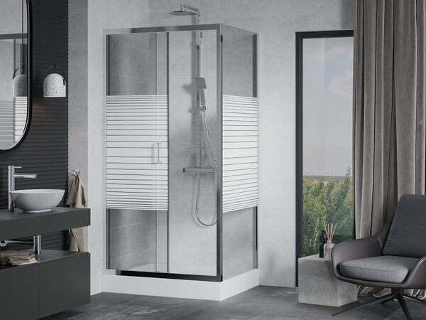 Mexen Apia, cabină de duș cu ușă glisantă 120 (uşă) x 90 (perete) cm, sticlă transparentă 6 mm cu benzi, profil cromat + cadă de duș RIO albă cu sifo…