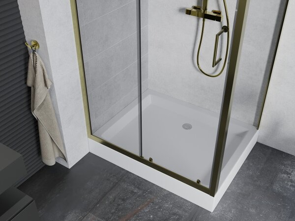 Mexen Apia, cabină de duș cu ușă glisantă 100 (uşă) x 80 (perete) cm, sticlă transparentă 6 mm, profil auriu + cadă de duș albă RIO, 840-100-080-50-00-4510