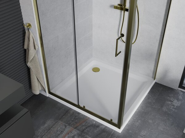 Mexen Apia, cabină de duș cu ușă glisantă 90 (uşă) x 90 (perete) cm, sticlă transparentă 6 mm, profil auriu + cadă de duș SLIM albă, 840-090-090-50-00-4010G