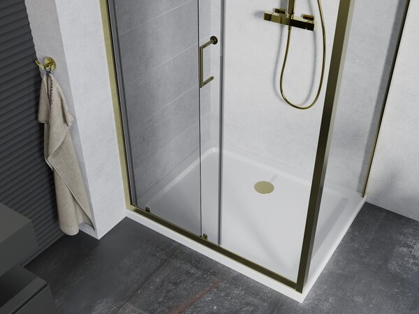 Mexen Apia, cabină de duș cu ușă glisantă 90 (uşă) x 70 (perete) cm, sticlă transparentă 6 mm, profil auriu + cadă de duș SLIM albă, 840-090-070-50-00-4010G