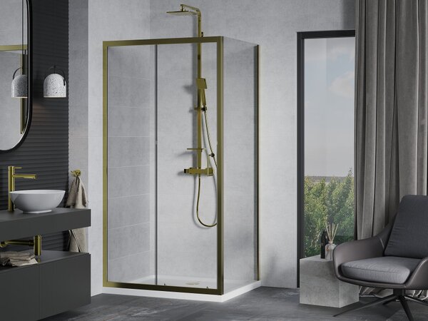 Mexen Apia, cabină de duș cu ușă glisantă 90 (uşă) x 70 (perete) cm, sticlă transparentă 6 mm, profil auriu + cadă de duș SLIM albă, 840-090-070-50-00-4010G