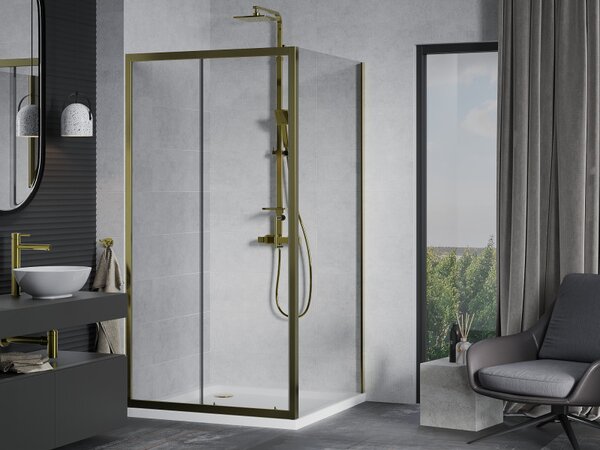Mexen Apia, cabină de duș cu ușă glisantă 90 (uşă) x 90 (perete) cm, sticlă transparentă 6 mm, profil auriu + cadă de duș SLIM albă, 840-090-090-50-00-4010G