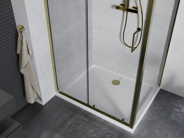 Mexen Apia, cabină de duș cu ușă glisantă 90 (uşă) x 70 (perete) cm, sticlă transparentă 6 mm, profil auriu + cadă de duș SLIM albă, 840-090-070-50-00-4010G