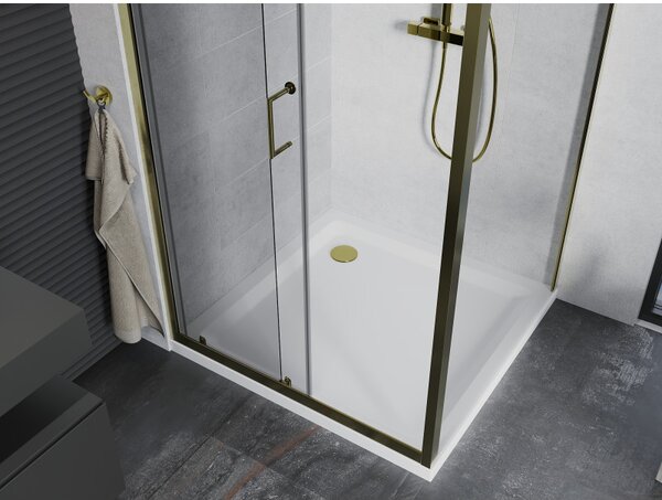Mexen Apia, cabină de duș cu ușă glisantă 90 (uşă) x 90 (perete) cm, sticlă transparentă 6 mm, profil auriu + cadă de duș SLIM albă, 840-090-090-50-00-4010G