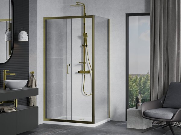Mexen Apia, cabină de duș cu ușă glisantă 90 (uşă) x 70 (perete) cm, sticlă transparentă 6 mm, profil auriu + cadă de duș SLIM albă, 840-090-070-50-00-4010G