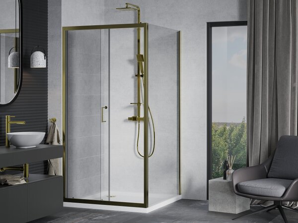 Mexen Apia, cabină de duș cu ușă glisantă 90 (uşă) x 90 (perete) cm, sticlă transparentă 6 mm, profil auriu + cadă de duș SLIM albă, 840-090-090-50-00-4010G