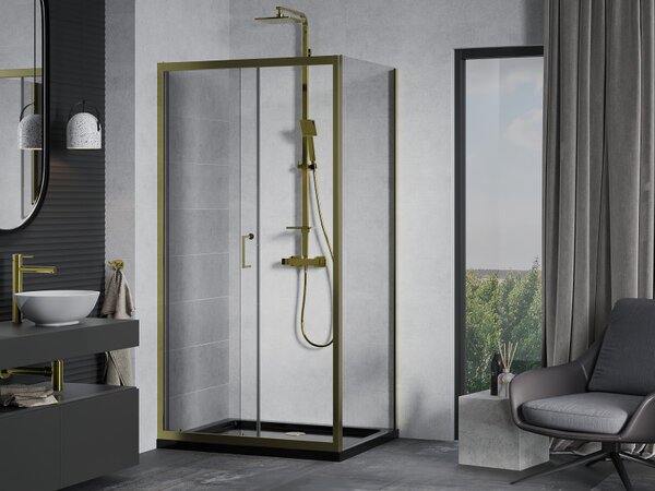 Mexen Apia, cabină de duș cu ușă glisantă 110 (uşă) x 70 (perete) cm, sticlă transparentă 6 mm, profil auriu + cadă de duș SLIM neagră, 840-110-070-5…