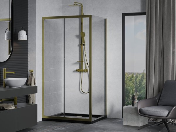 Mexen Apia, cabină de duș cu ușă glisantă 110 (uşă) x 70 (perete) cm, sticlă transparentă 6 mm, profil auriu + cadă de duș SLIM neagră, 840-110-070-5…