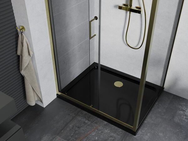 Mexen Apia, cabină de duș cu ușă glisantă 110 (uşă) x 70 (perete) cm, sticlă transparentă 6 mm, profil auriu + cadă de duș SLIM neagră, 840-110-070-5…