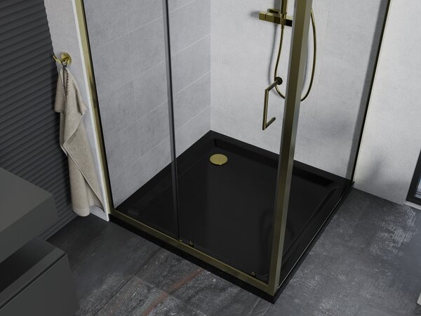 Mexen Apia, cabină de duș cu ușă glisantă 90 (uşă) x 90 (perete) cm, sticlă transparentă 6 mm, profil auriu + cadă de duș SLIM neagră, 840-090-090-50-00-4070G