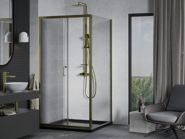 Mexen Apia, cabină de duș cu ușă glisantă 90 (uşă) x 90 (perete) cm, sticlă transparentă 6 mm, profil auriu + cadă de duș SLIM neagră, 840-090-090-50-00-4070G