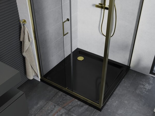 Mexen Apia, cabină de duș cu ușă glisantă 90 (uşă) x 90 (perete) cm, sticlă transparentă 6 mm, profil auriu + cadă de duș SLIM neagră, 840-090-090-50-00-4070G