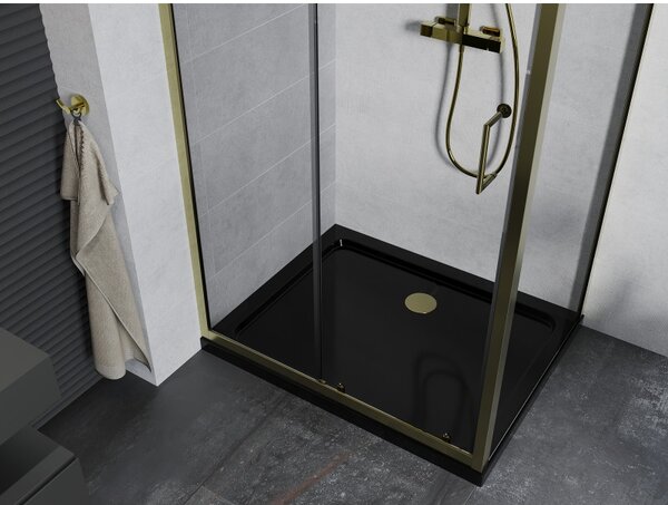 Mexen Apia, cabină de duș cu ușă glisantă 110 (uşă) x 70 (perete) cm, sticlă transparentă 6 mm, profil auriu + cadă de duș SLIM neagră, 840-110-070-5…