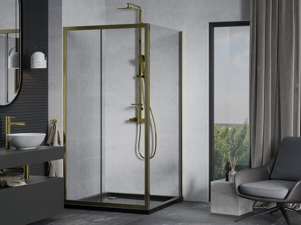 Mexen Apia, cabină de duș cu ușă glisantă 90 (uşă) x 90 (perete) cm, sticlă transparentă 6 mm, profil auriu + cadă de duș SLIM neagră, 840-090-090-50-00-4070G