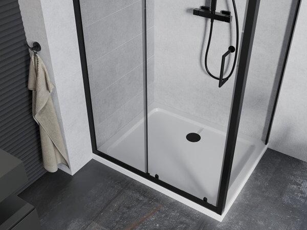 Mexen Apia, cabină de duș cu ușă glisantă 120 (uşă) x 80 (perete) cm, sticlă transparentă 6 mm, profil negru + cadă de duș albă, 840-120-080-70-00-40…