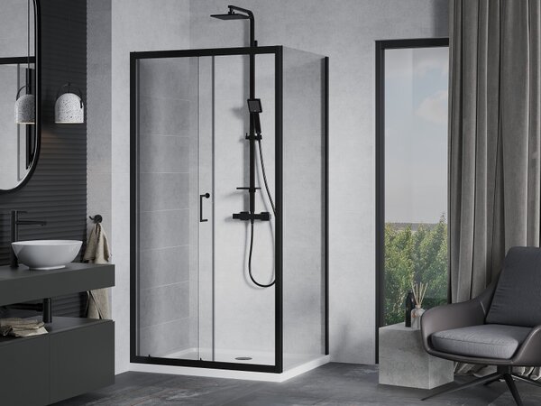 Mexen Apia, cabină de duș cu ușă glisantă 120 (uşă) x 80 (perete) cm, sticlă transparentă 6 mm, profil negru + cadă de duș albă, 840-120-080-70-00-40…