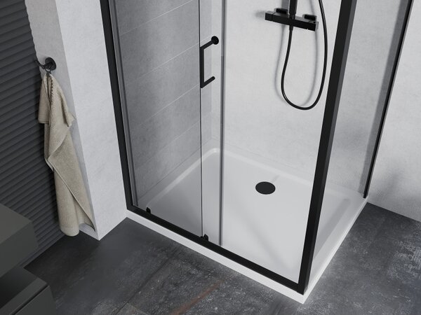Mexen Apia, cabină de duș cu ușă glisantă 120 (uşă) x 80 (perete) cm, sticlă transparentă 6 mm, profil negru + cadă de duș albă, 840-120-080-70-00-40…