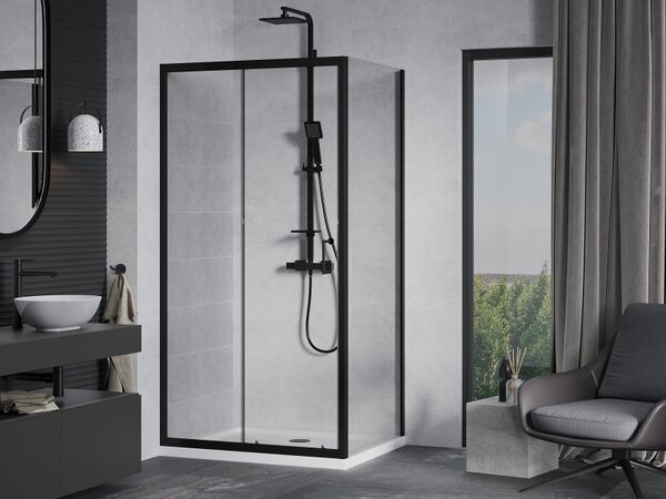 Mexen Apia, cabină de duș cu ușă glisantă 120 (uşă) x 80 (perete) cm, sticlă transparentă 6 mm, profil negru + cadă de duș albă, 840-120-080-70-00-40…