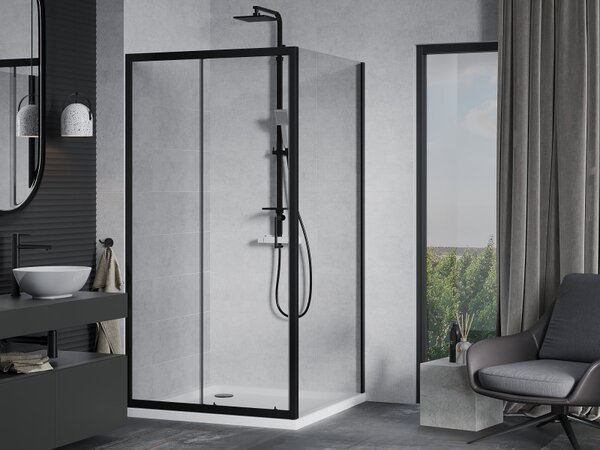 Mexen Apia, cabină de duș cu ușă glisantă 90 (uşă) x 90 (perete) cm, sticlă transparentă 6 mm, profil negru + cadă de duș albă, 840-090-090-70-00-4010B