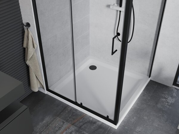 Mexen Apia, cabină de duș cu ușă glisantă 90 (uşă) x 90 (perete) cm, sticlă transparentă 6 mm, profil negru + cadă de duș albă, 840-090-090-70-00-4010B